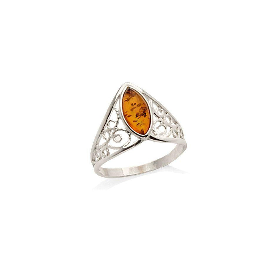Bague ambre cognac navette argent rhodie 925 Mer Baltique